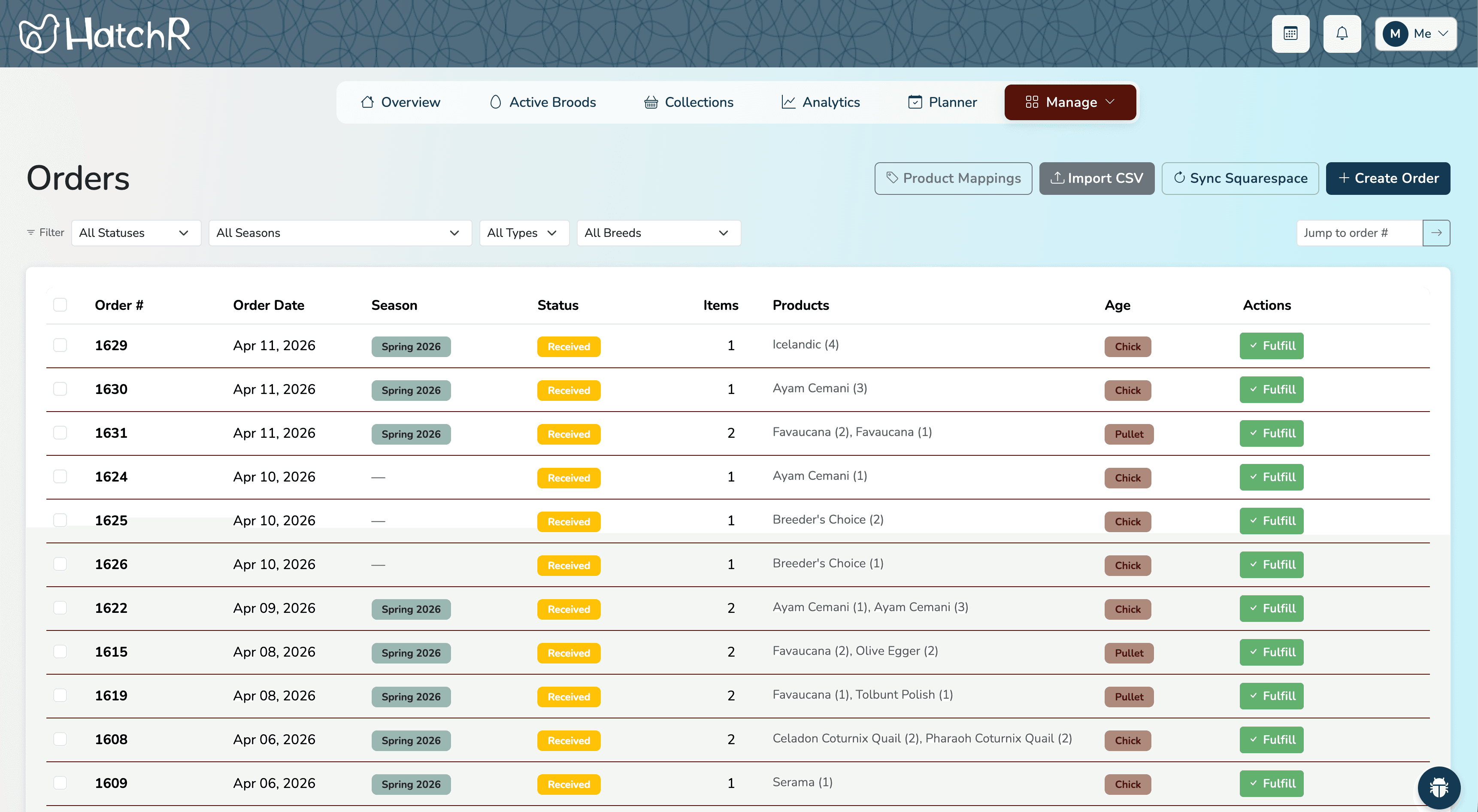 HatchR orders page showing order list with status badges and ship dates